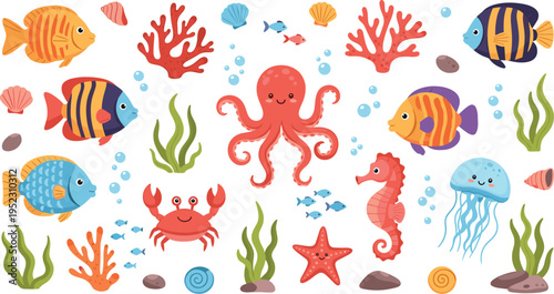 Cute sea animals underwater collection with octopus crab jellyfish seahorse tropical fish coral and seaweed vector illustration isolated on white background.Cute sea animals underwater collection with