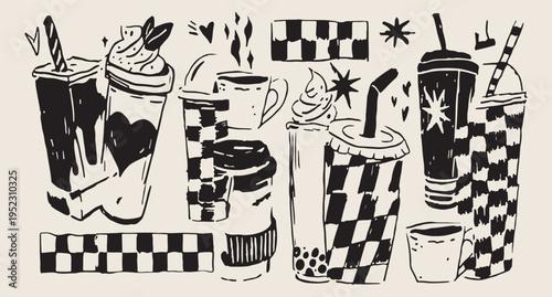 coffee cafe doodle icons, fast food illustration set, drink and snack vector, restaurant menu clipart, hand drawn food icons, takeaway beverage symbols, street food outline collection