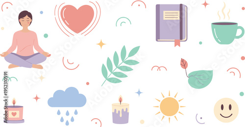 Self Care and Mindfulness Illustration Set with Yoga Woman, Heart Symbol, Journaling, Scented Candles, and Positive Emotional Wellness Icons for Healthy Lifestyle Designs