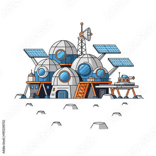 Futuristic space colony on moon surface with domes, solar panels, and rover