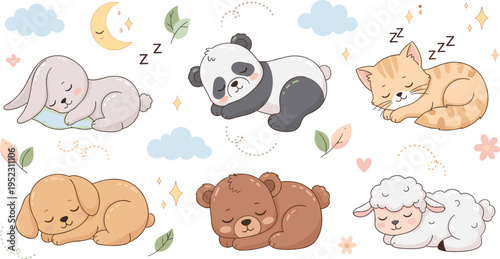 Cute sleeping baby animals collection with elephant panda cat dog bear sheep moon clouds dreamy cartoon vector setCute sleeping baby animals collection with elephant panda cat dog bear sheep moon clou