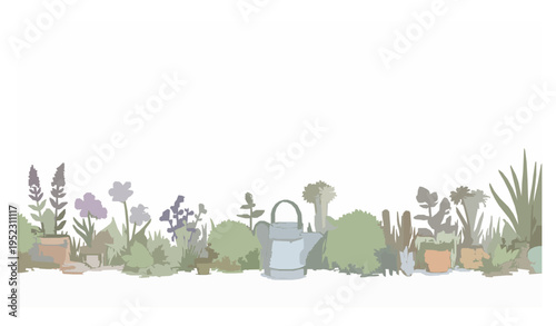 Hand drawn gardening banner with plants flowers tools and spring garden landscape vector background