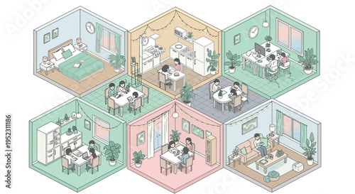 Isometric illustration depicting interconnected rooms with people working and relaxing