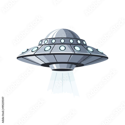 Retro Sci-Fi Flying Saucer with Lights, UFO Alien Spaceship Illustration