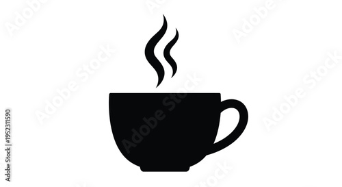 Simple black silhouette of a steaming coffee cup on white background