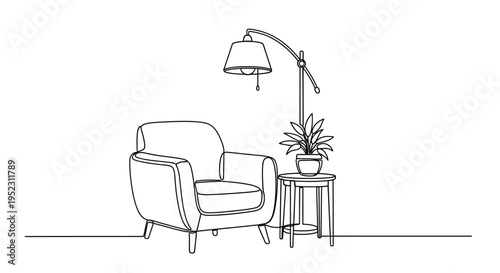 Minimalist line drawing of an armchair lamp and potted plant