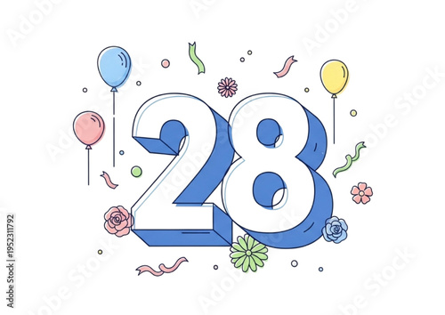 Happy 28th Birthday Celebration with Balloons, Confetti, and Flowers