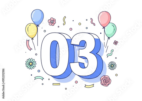 Vibrant number three with festive balloons and confetti, perfect for celebrating birthdays and special anniversaries