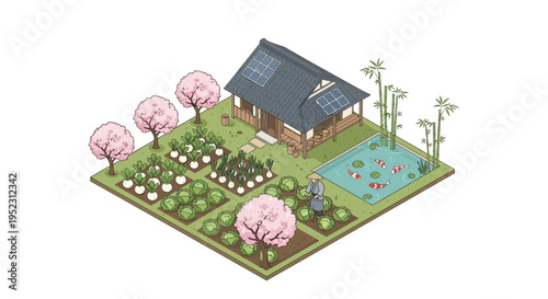 Isometric illustration of a traditional japanese farm with koi pond