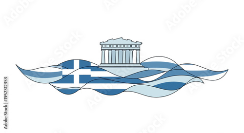 Greek flag waves with Parthenon.
