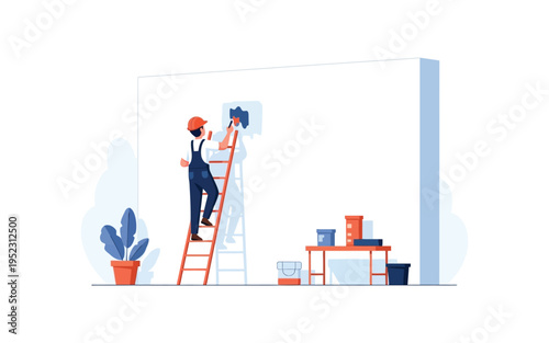 Coworkers on ladder positioning wall poster together.