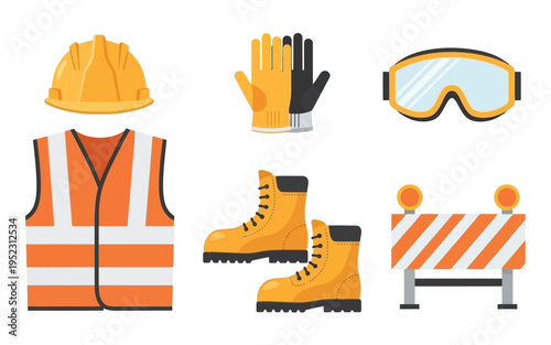 Construction safety equipment set with protective gear.