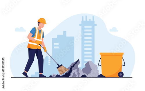 Construction worker sweeping debris with broom and bin.