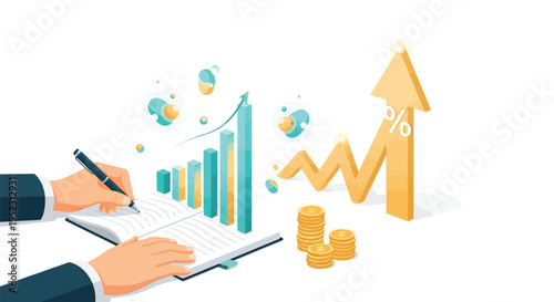 Financial growth and planning illustrated with charts coins and a hand writing
