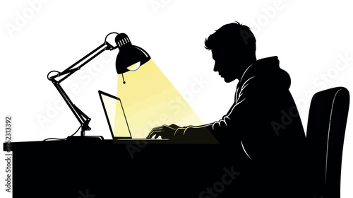 Silhouette vector illustration of a young man working late at a desk with a laptop, illuminated by a bright yellow desk lamp, depicting focus and productivity.