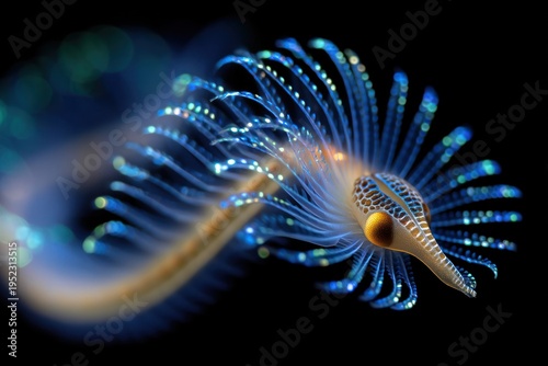 Close-up fluorescent deep-sea worm with iridescent bristles in dark underwater environment