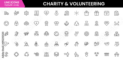Volunteering and charity web icons in line style. Donate, donor, doctor, care, help, support, collection Vector illustration.