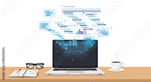 Digital project management interface displayed on a laptop with office supplies