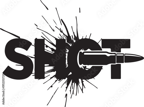 Explosive impact logo featuring shattered letters and a bullet isolated on white background, Vector