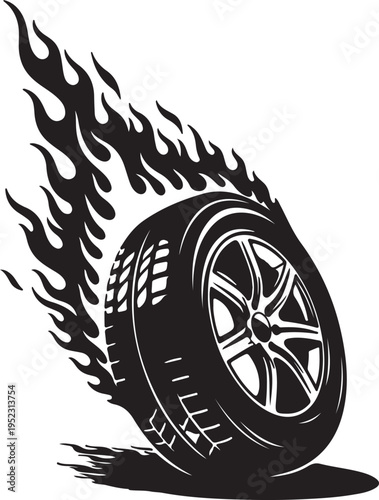 Dynamic tire with intense flames illustrating high-speed racing action isolated on white background, Vector