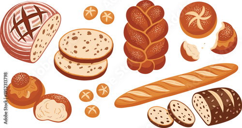 Artisan Bakery Bread Vector Set with Braided Challah, French Baguette, Sliced Fruit Loaf, Sourdough, and Golden Dinner Rolls for Cafe Menu Designs