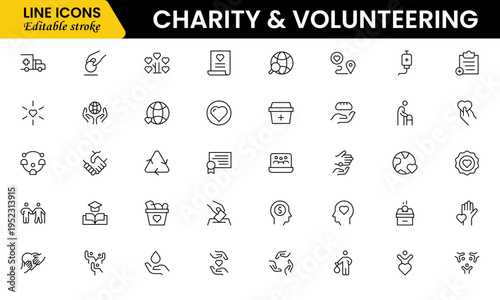 Volunteering and charity web icons in line style. Donate, donor, doctor, care, help, support, collection Vector illustration.