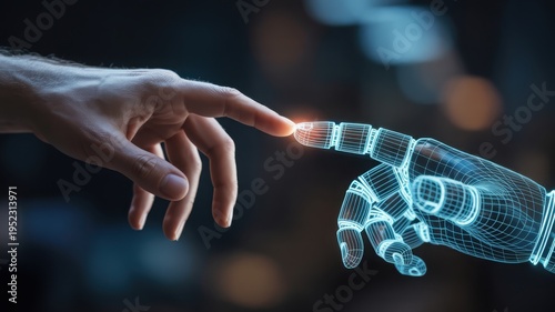 Futuristic human and robot hands touching, glowing blue AI interface, close-up technology collaboration concept