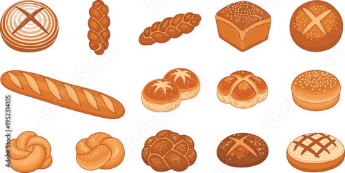 Assorted Fresh Bakery Bread Vector Set with French Baguette, Braided Loaves, Sourdough, Sesame Buns, and Artisan Rolls for Cafe Menu and Food Branding Designs