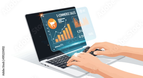 Hands using a laptop displaying e commerce sales data and analytics