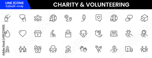 Volunteering and charity web icons in line style. Donate, donor, doctor, care, help, support, collection Vector illustration.