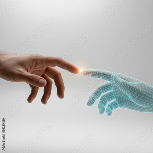 Futuristic human hand touching digital wireframe hand, AI technology connection concept, innovation interface on gray background