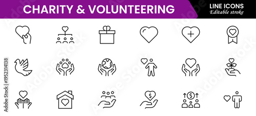 Volunteering and charity web icons in line style. Donate, donor, doctor, care, help, support, collection Vector illustration.