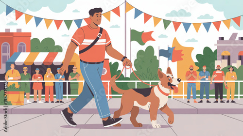 Man walking dog on leash at outdoor festival with people and colorful bunting