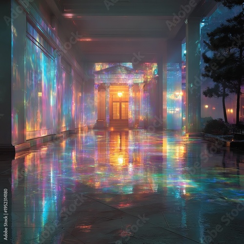 Wallpaper Mural A shimmering corridor, lit by a prism of colors reflecting off polished marble floors and columns. The end door glows Torontodigital.ca