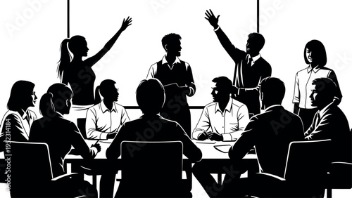Dynamic black and white vector illustration of a diverse business team meeting, with two individuals actively presenting and others seated around a conference table