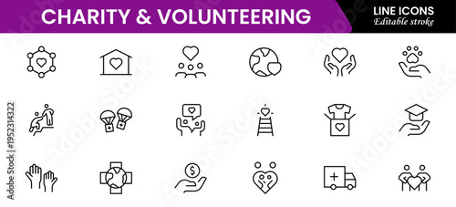 Volunteering and charity web icons in line style. Donate, donor, doctor, care, help, support, collection Vector illustration.