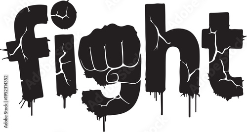 Bold and cracked textual representation of the word fight with a fist emblem isolated on white background, Vector