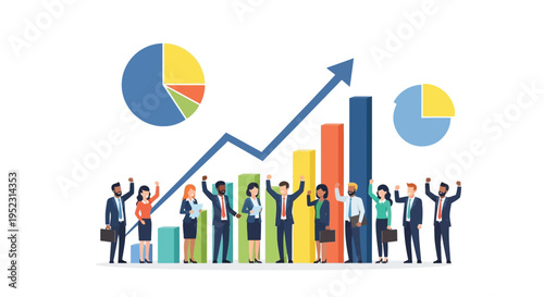 Successful business team celebrates growth with charts and positive results