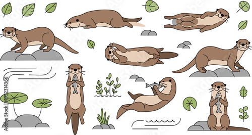 Flat vector illustration set of cute otters in various poses featuring swimming, eating fish, floating on backs, and resting on rocks for aquatic nature design.
