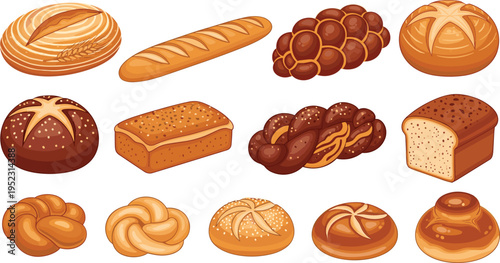 Assorted Fresh Bread Vector Illustration Set with Braided Challah Loaves, Baguettes, Sourdough, Seeded Rolls, and Artisan Bakery Products for Cafe Menu Designs