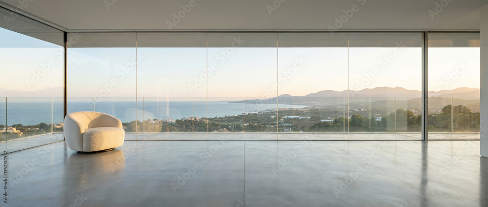 Obraz premium A modern living room with a large window overlooking the sea and mountains. A single, plush armchair sits in the corner, inviting relaxation and contemplation of the stunning view.