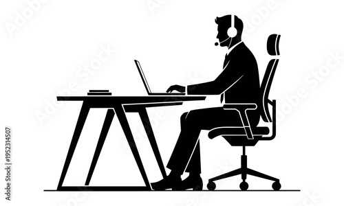 Black silhouette vector illustration of a male customer service representative wearing a headset and working on a laptop at a desk, ideal for business support and online assistance concepts.