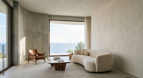 A modern living room with a curved sofa, leather armchair, and a wooden coffee table, all overlooking a serene ocean view.