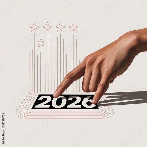Minimalist 2026 concept photo, hand pressing year number on white background, modern timeline lines and star rating graphic