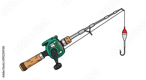 Cartoon illustration of a fishing rod with reel and red float