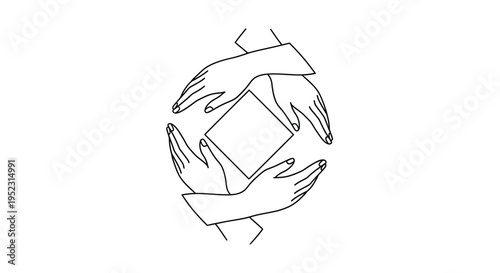 Four hands delicately cradle a square shape in a minimalist line drawing