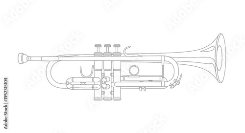 Detailed line drawing of a brass trumpet side view isolated on white