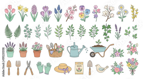 Elegant garden icons with flowers tools and accessories on white background for spring and summer design