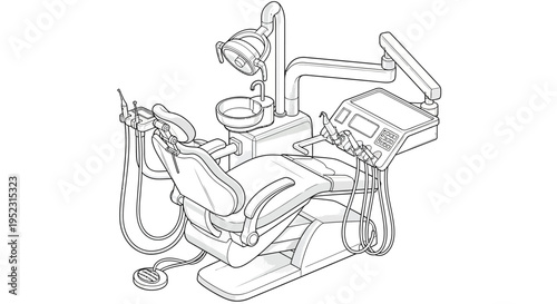 Line drawing of a modern dental chair and associated equipment