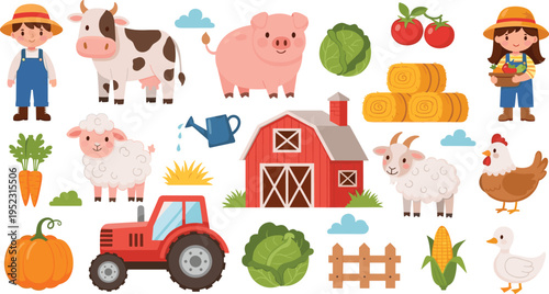 Farm Life Scene with Animals, Vegetables, Tractor, Barn, and Farmers in a Rural Landscape IllustrationFarm Life Scene with Animals, Vegetables, Tractor, Barn, and Farmers in a Rural Landscape Illustra